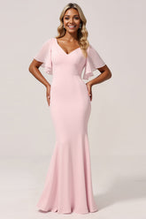 Meerjungfrau Chiffon V-Ausschnitt Rosa Brautjungfernkleid